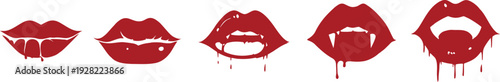 Red lips icon set with glossy kiss marks and dripping blood effect. Sexy mouth silhouettes in bold flat vector style for beauty branding. Isolated clipart collection for Valentine design, tattoo art, 