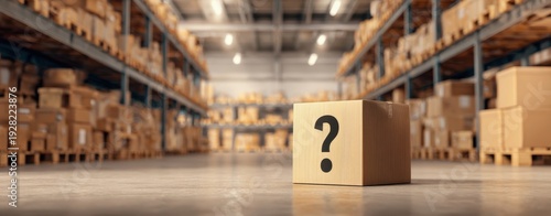 The Box with Question Mark in a Vast Warehouse Aisle Symbolizing Logistics Uncertainty