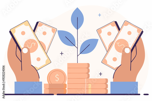 Flat of hands holding money growing plant from coins
