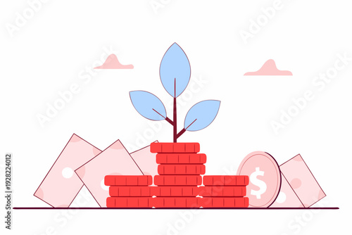 Flat of plant growing on stack of coins with banknotes
