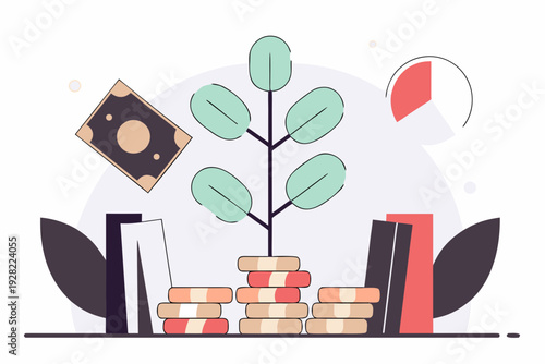 Minimal flat of passive income concept with growing plant and coins