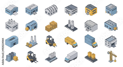 A collection of isometric industrial buildings and construction equipment, perfect for visualizing logistics and manufacturing