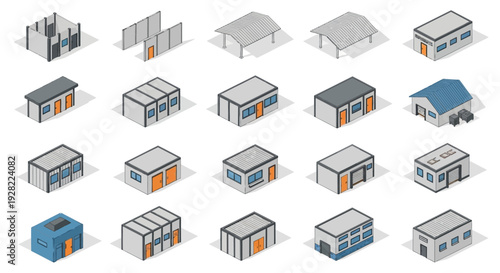 Set of isometric industrial buildings and warehouses with varied designs, presented on a white background