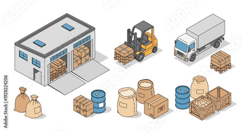 Warehouse logistics and supply chain management with forklift, truck, and storage containers for efficient cargo distribution