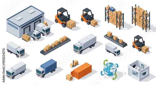 Warehouse and logistics isometric icons representing shipping, delivery, and storage
