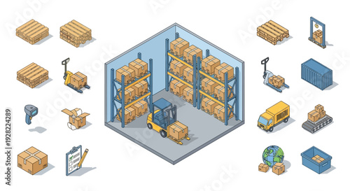 Isometric warehouse interior with forklifts, pallets, and delivery truck - logistics and supply chain elements