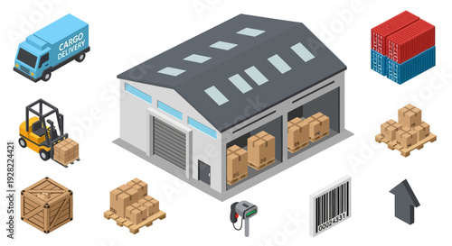 Isometric warehouse, forklift, cargo truck, pallets, boxes, and barcode scanner illustrating logistics and delivery