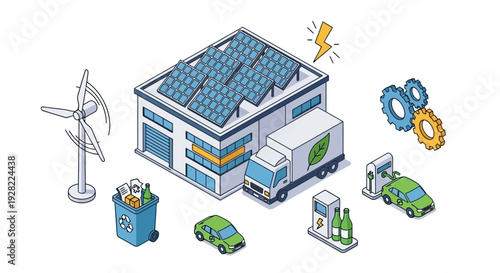 Eco-friendly renewable energy solutions for a sustainable future, featuring electric vehicles, solar panels, and wind turbines