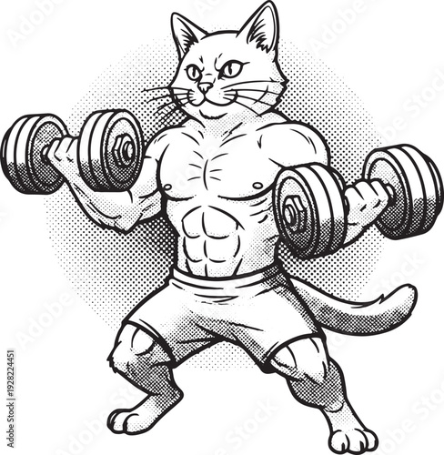 Muscular Cat Bodybuilder Lifting Dumbbells Black and White Vector Illustration