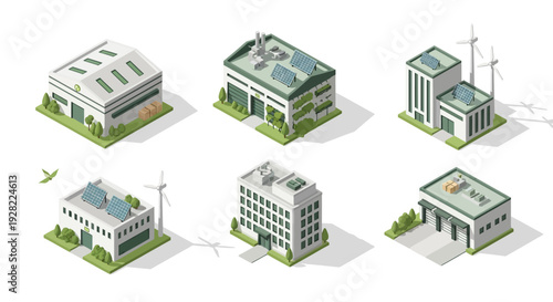 Collection of Isometric Green Energy Buildings with Solar Panels and Wind Turbines