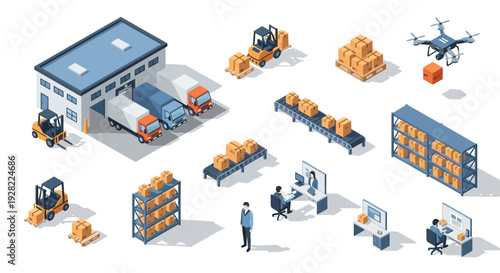 Isometric digital illustration of a modern logistics and supply chain facility with forklifts, trucks, drone, and conveyor belt system
