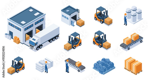 Isometric warehouse and logistics icons for supply chain management and distribution