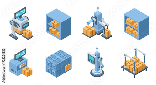 Automated warehouse logistics with robots and storage systems, a set of isometric illustrations representing modern industrial operations and package handling