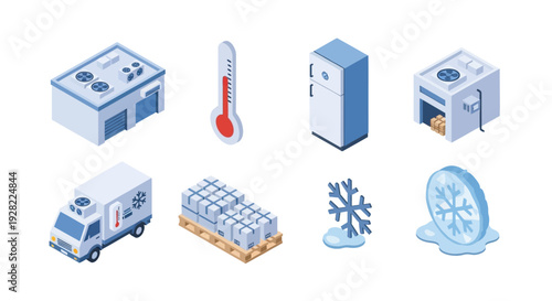 Collection of Isometric Icons Representing Cold Storage, Refrigeration, and Frozen Goods Delivery Services