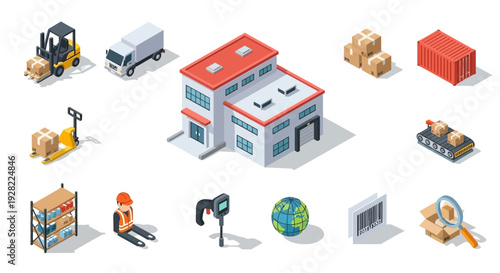 Isometric icons set for logistics, shipping, warehouse, and delivery services, showcasing forklifts, trucks, and buildings