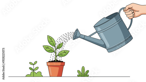 Human hand holds a gray metal watering can to nourish a green leafy plant growing in a terracotta pot on a white background.