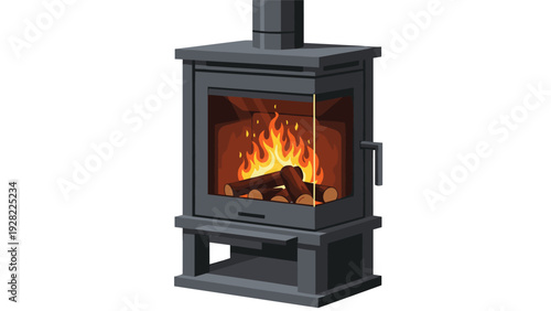 Modern black wood burning stove contains a glowing orange fire with logs positioned on a white background for interior heating.