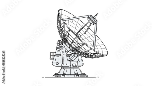 Large parabolic satellite dish antenna stands on a sturdy mechanical base designed for deep space communication and radio astronomy.