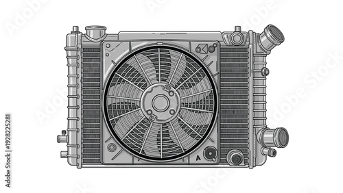 Detailed illustration of a vehicle radiator unit features the cooling fins, hoses, and a large central electric fan for engine heat management.