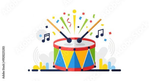 Colorful drum with vibrant music notes and confetti celebrating a lively party atmosphere with energetic rhythm