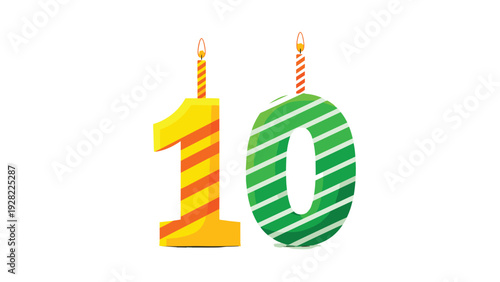 Bright yellow and green birthday candles shaped into the number ten celebrate a decade of life with stripes and glowing flames.