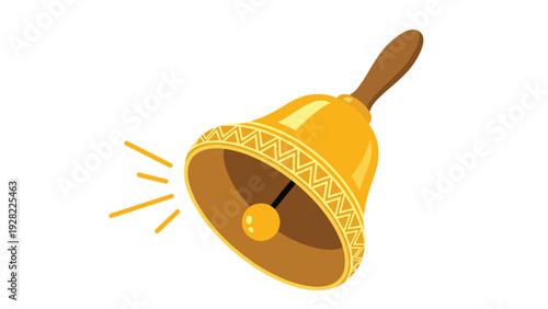 Shining golden hand bell with a dark wooden handle is depicted in mid ring with motion lines to indicate a clear sound.