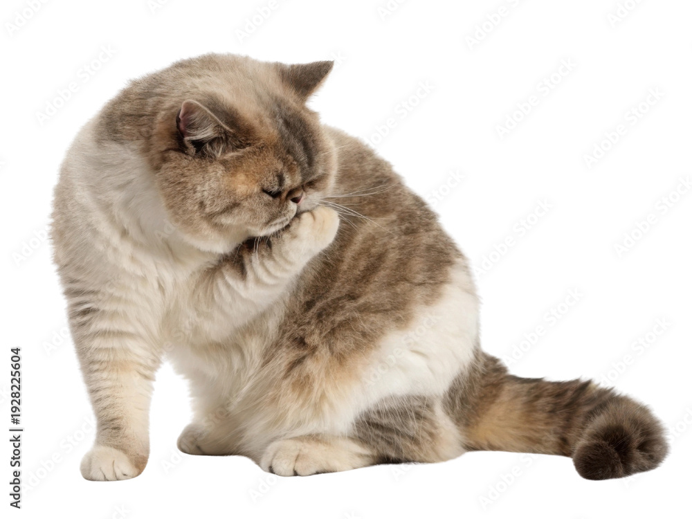 Obraz premium Calm exotic shorthair cat meticulously grooming its paw while sitting. purebred domestic feline with flat face cleans its fluffy fur on transparent background