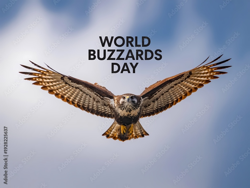 Fototapeta premium A brown and white bird of prey soars through a blue sky with white clouds on world buzzards day