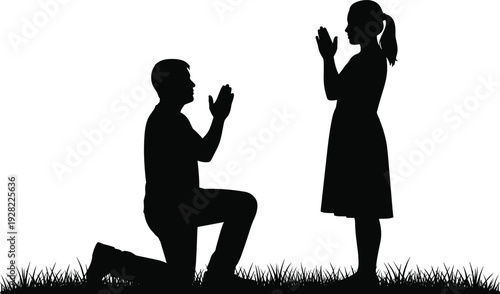Father and daughter praying together outdoors silhouette illustration expressing faith, family values and spiritual connection