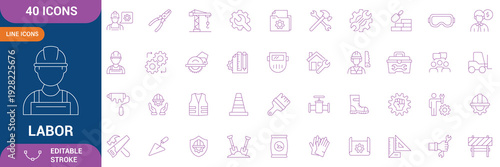 Labor Icon Set. Contains icons related to labor, construction, labor day, renovation, worker, workforce, industry, tools, helmet, safety, engineering and etc. Editable stroke. Vector illustration