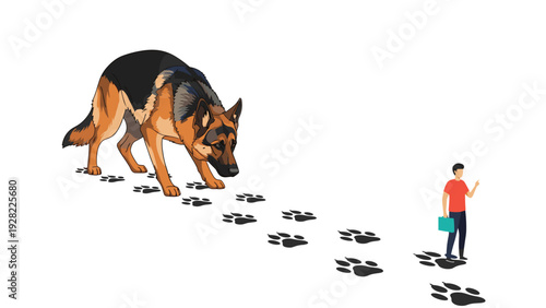 Trained German Shepherd dog following a trail of paw prints leading towards a small man carrying a briefcase.