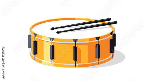 Yellow and orange snare drum with black drumsticks resting on the top head, isolated against a plain white background.
