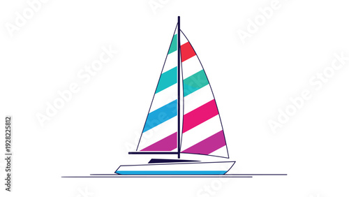 Colorful sailboat with vibrant striped sails gliding on a calm sea, perfect for nautical and summer vacation themes.