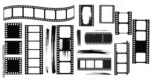 Film Strip Frame Set with Sprocket Borders and Grunge Texture, Vintage Cinema Collage Templates, Analog Negative Frames for Photography Layouts and Retro Storyboard Design, Isolated Vector Collection