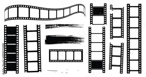 Film Strip Frame Set with Sprocket Borders and Grunge Texture, Vintage Cinema Collage Templates, Analog Negative Frames for Photography Layouts and Retro Storyboard Design, Isolated Vector Collection
