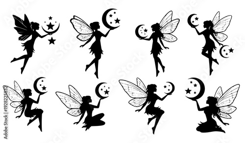 Mystical fairy silhouette vector collection with crescent moons and stars