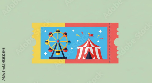 Colorful carnival ticket with ferris wheel and circus tent on blue background