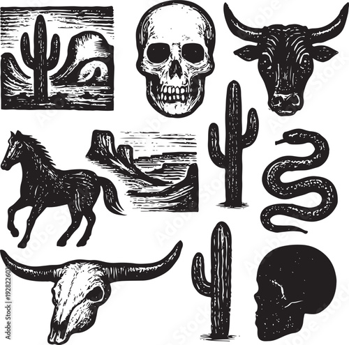 Linocut western boho set vector