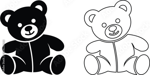 teddy bear vector set collection group with cute toy silhouette and outline icons, baby nursery plush mascot symbol isolated on transparent background, editable minimalist design