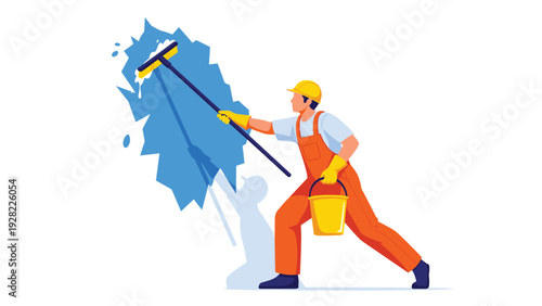 Professional worker in an orange jumpsuit using a long squeegee to clean a large glass surface, representing service industry.