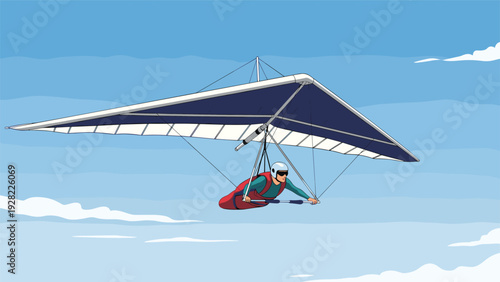 Person soaring through a blue sky with white clouds using a large blue hang glider, depicting extreme air sports.