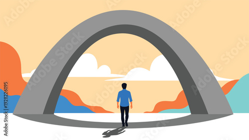 Silhouette of a man walking through a large grey arch towards a colorful sunset landscape with mountains and sea.