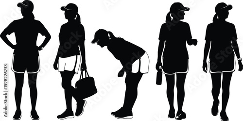 Female tennis player silhouettes set in different poses holding racket and bag isolated on white background vector illustration
