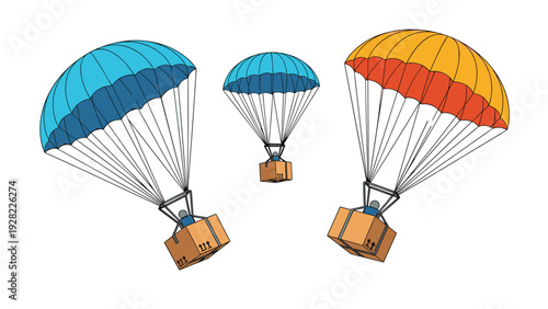 Cardboard boxes descending from the sky with three colorful parachutes, representing logistics, aid, or delivery services.