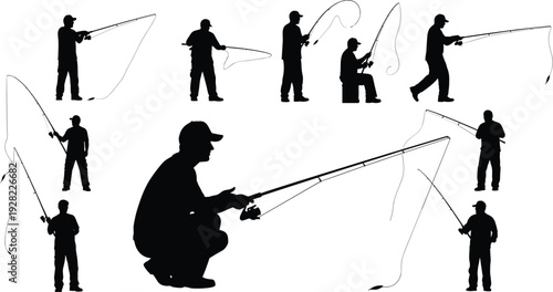 Fishing silhouettes collection featuring anglers casting rods, reeling lines and sitting by water isolated vector illustration set