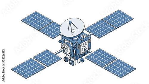 Complex communication satellite with large solar panels and antennae, designed for data transmission and space exploration.