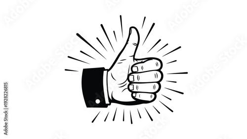 Black and white illustration of a hand giving a thumbs up gesture with radiant lines, representing approval and success.