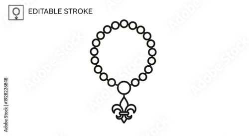Black line art fleur de lis pendant necklace with circle beads on white background