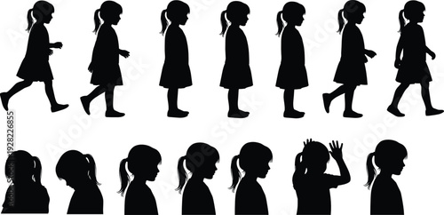 Little girl silhouettes collection showing walking, standing and profile poses isolated on white background vector illustration