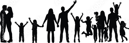 Happy family silhouettes set with parents and children holding hands, jumping and celebrating together isolated vector illustration